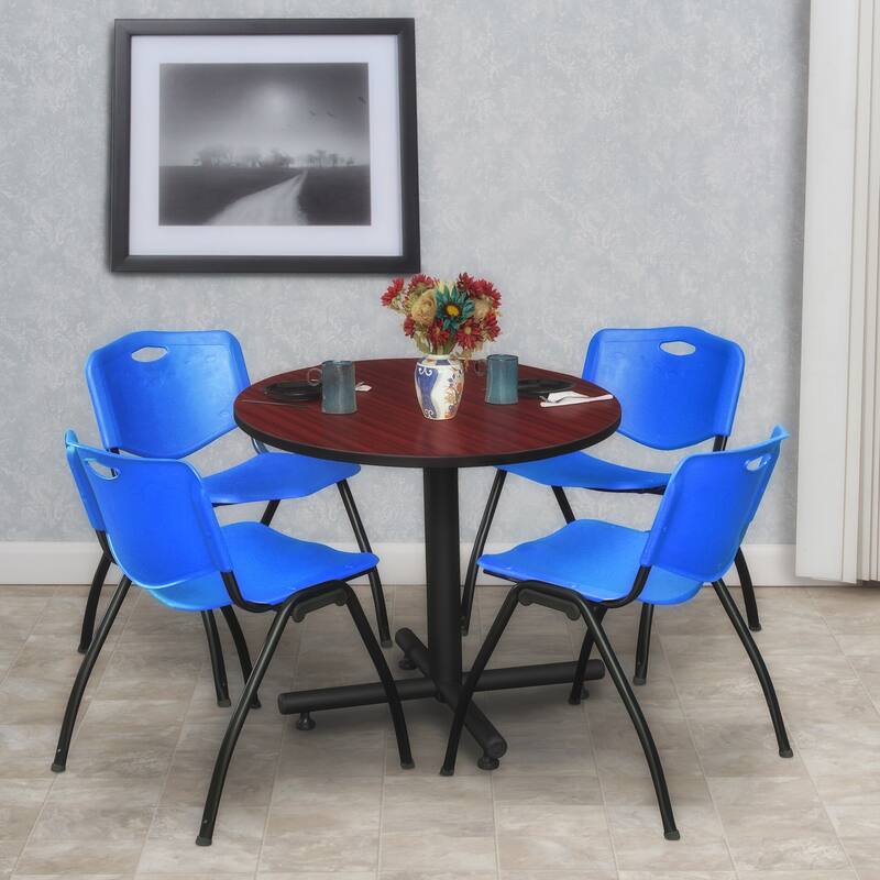 30 in. Round Breakroom Table- Mahogany & 4 'M' Stack Chairs- Blue