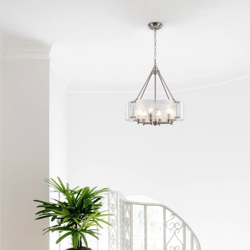 19.68 in. Modern 6-Light Dimmable Drum Candle Chandelier with Ripple Glass Shade