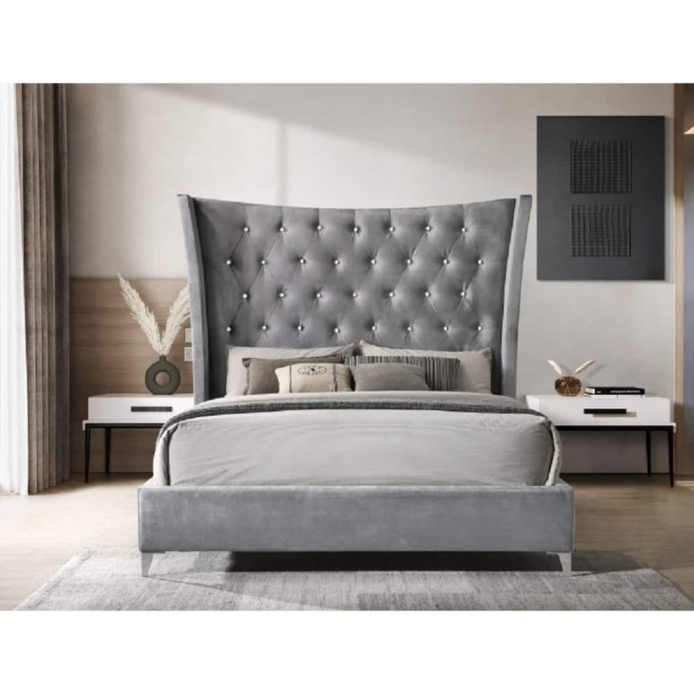 Stylish Platform Bed Frame with Wing Back Tufted Heaboard, Light Gray