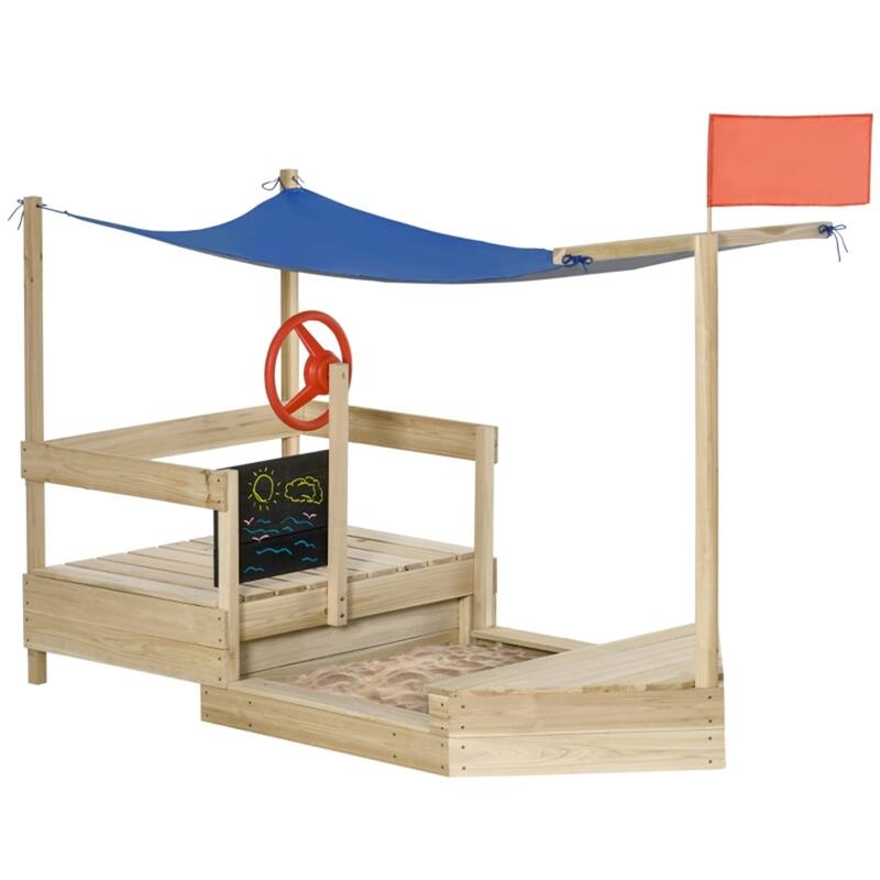 Children’s Boat Sandbox with Canopy Blackboard Rudder and Side Seats for Kids Ages 3 to 8 Years - 70.75" L x 36" W x 56.75" H