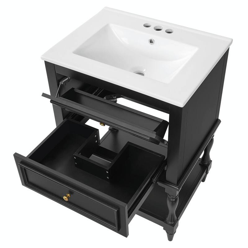 24" Bathroom Vanity with Ceramic Sink, Retro Open-Shelf Cabinet with 2 Drawers