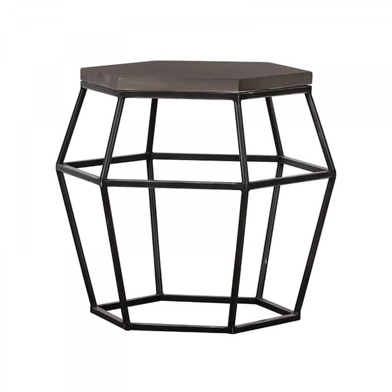 Hexagonal Concrete End Table with Metal Base, Gray and Black - 23 H x 22 W x 22 L Inches