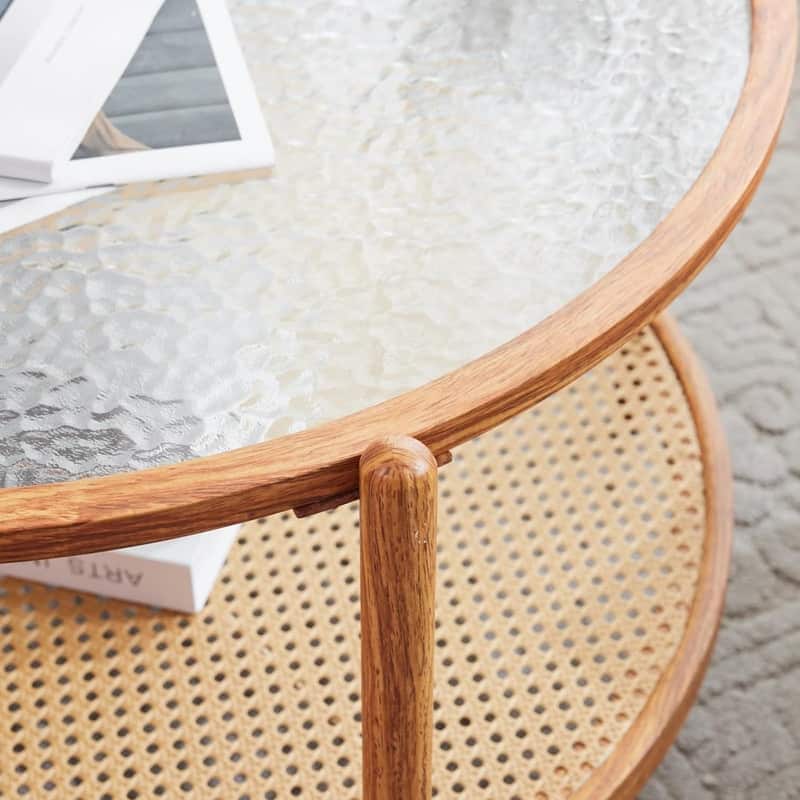 VINGLI Double-Layered Round Water Ripple Glass with Heat Transfer Wood Grain Iron Frame Coffee Table