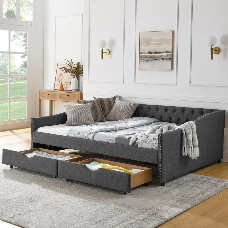 Roomfitters Twin/Full/Queen Upholstered Daybed with Tufted Backrest, Nailhead Trim and Underbed Storage Trundle