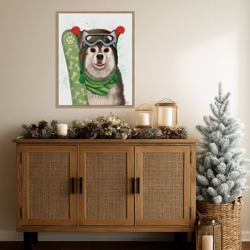 Husky Snowboard by Fab Funky (23 x 28 in.), Framed Canvas Wall Art Print - Sylvie Beaded Rustic Natural