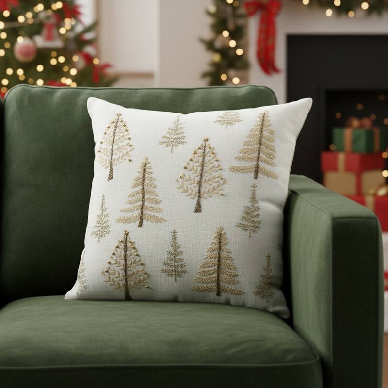 18" Natural Silver And Gold Cotton Christmas Trees Throw Pillow With Beads And Embroidery - Polyester - 18.00 in. x 18.00 in.  x 6.50 in. - Pillow Sets - Gold/Natural