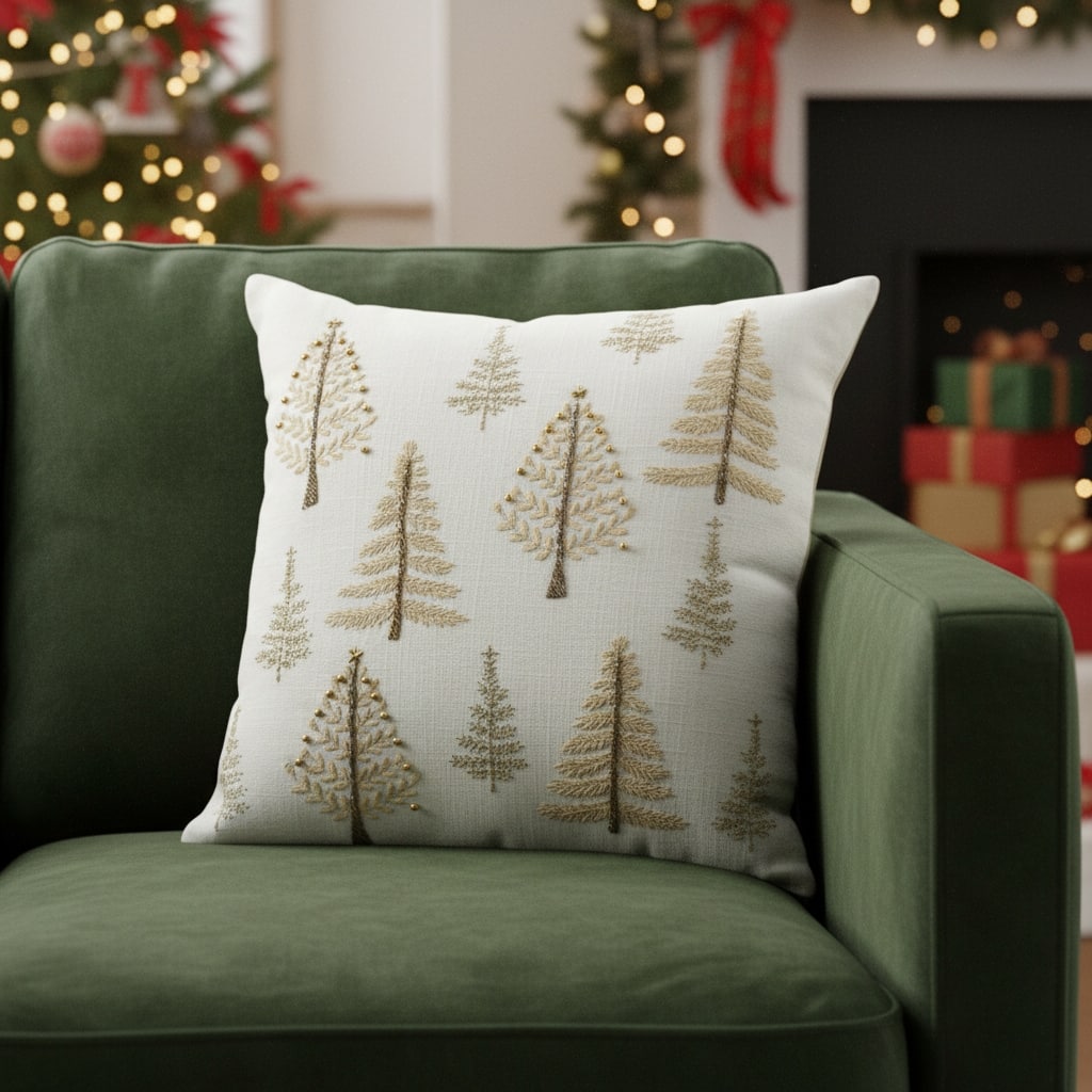 18" Natural Silver And Gold Cotton Christmas Trees Throw Pillow With Beads And Embroidery