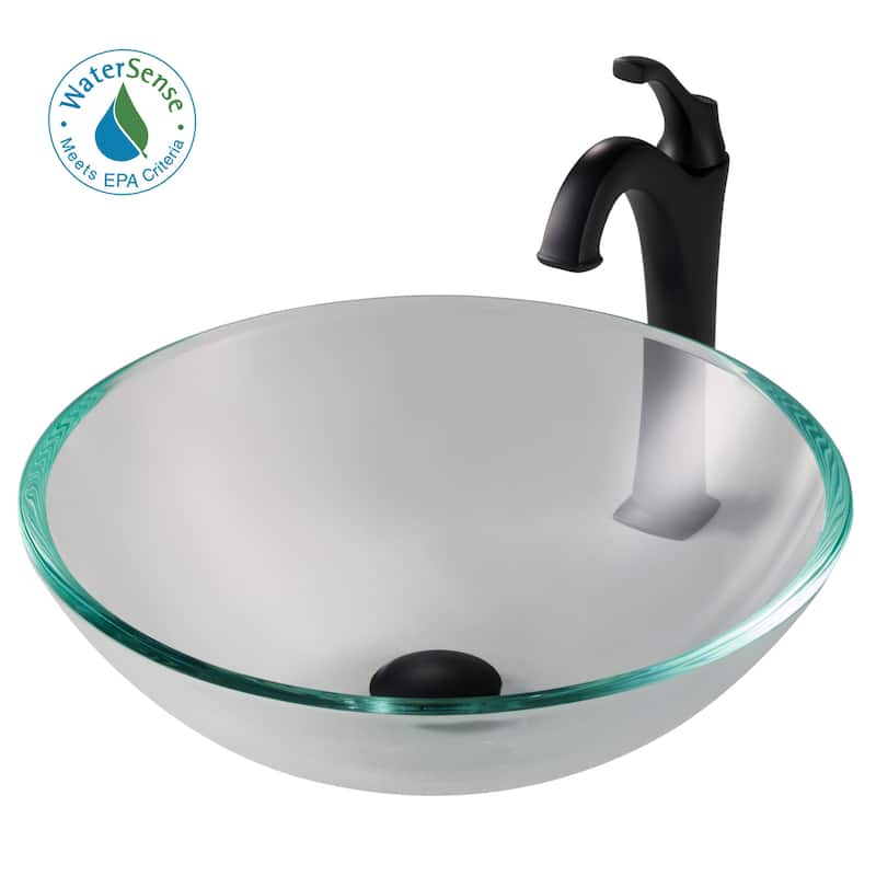 Kraus Arlo & Glass 16-1/2" Glass Vessel Bathroom Sink with 1.2 GPM - Matte Black