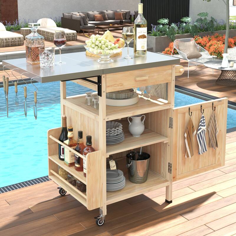 Multi-Functional BBQ Prep Table with Solid Wood Frame, Adjustable Shelves, and Towel Rack for Outdoor Use - Natural