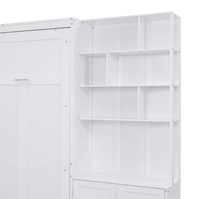 Full Size Hidden Murphy Bed Cabinet with Multiple Storage Shelves and A Cabinet, Wooden Folding Wall Bed with Slats Support
