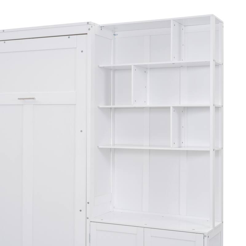Space-Saving Full Size Murphy Bed with Storage Shelves and Cabinet, White