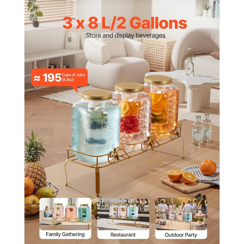 Transparent Glass Three Cylinder Beverage Dispenser 6 Gal with Metal Stand and Chalkboards - 28.35 x 8.27 x 18.11 in
