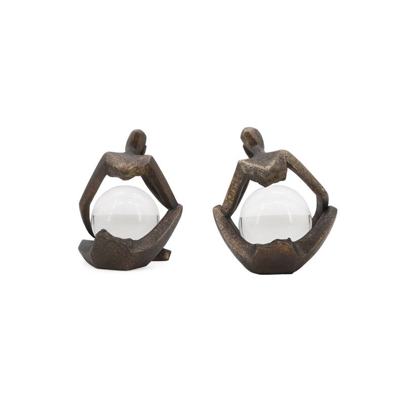 Sagebrook Home 8" Aracar Bronze Statuary With Cyrstal Sphere, Set of 2 - 7" x 6" x 8"