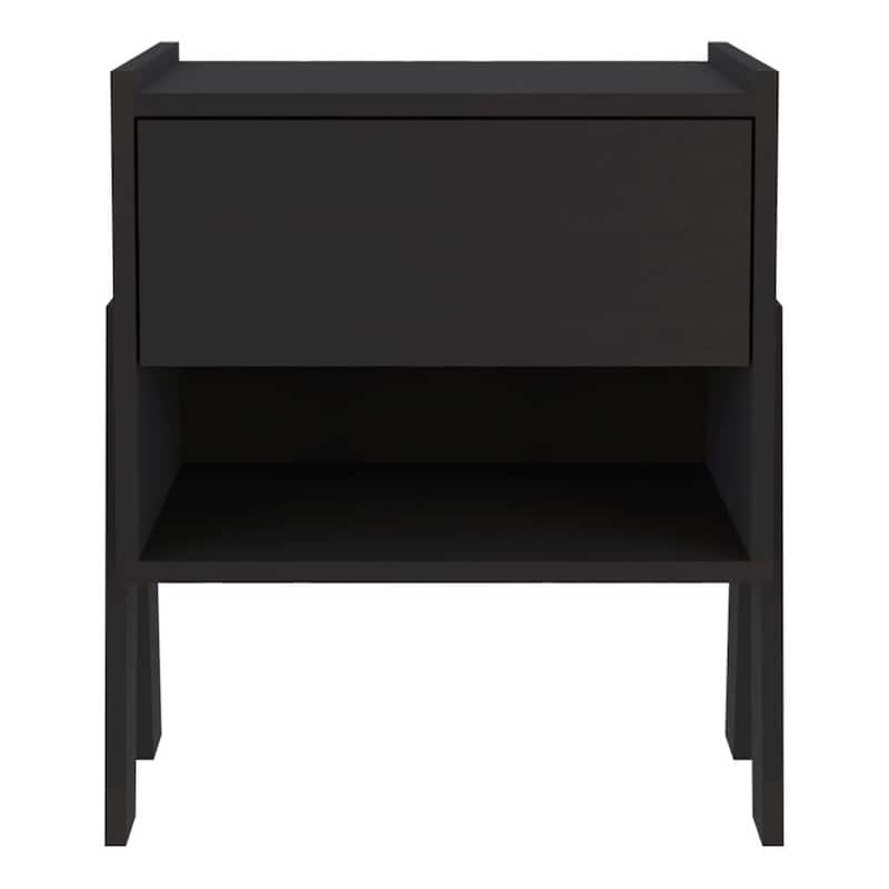 Nightstand with One Open Shelf and Four Legs, One Drawer - Black