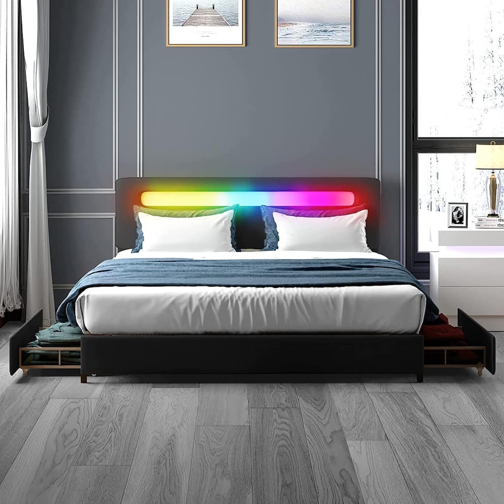 Mixoy Upholstered Platform Bed Frame with Smart LED Lights,PVC Fabric Tufted Headboard,Storage Drawers