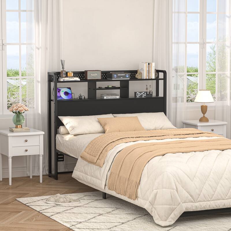 Bed Headboard with Storage Shelf and Charge Station, Height Adjustable Headboard with LED Light