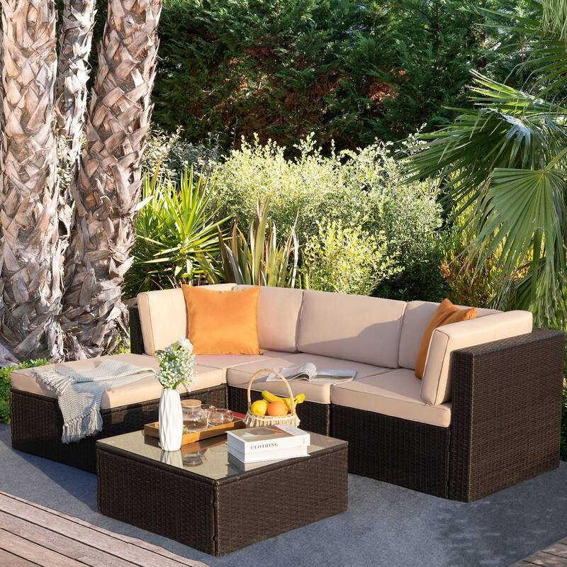 Homall 5 Pieces Patio Furniture Sets Outdoor Sectional Sofa Manual Weaving Rattan
