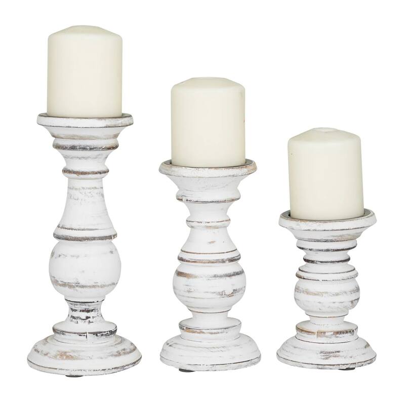 Solid Wood Candle Holder with Distressed Details,Set of 3