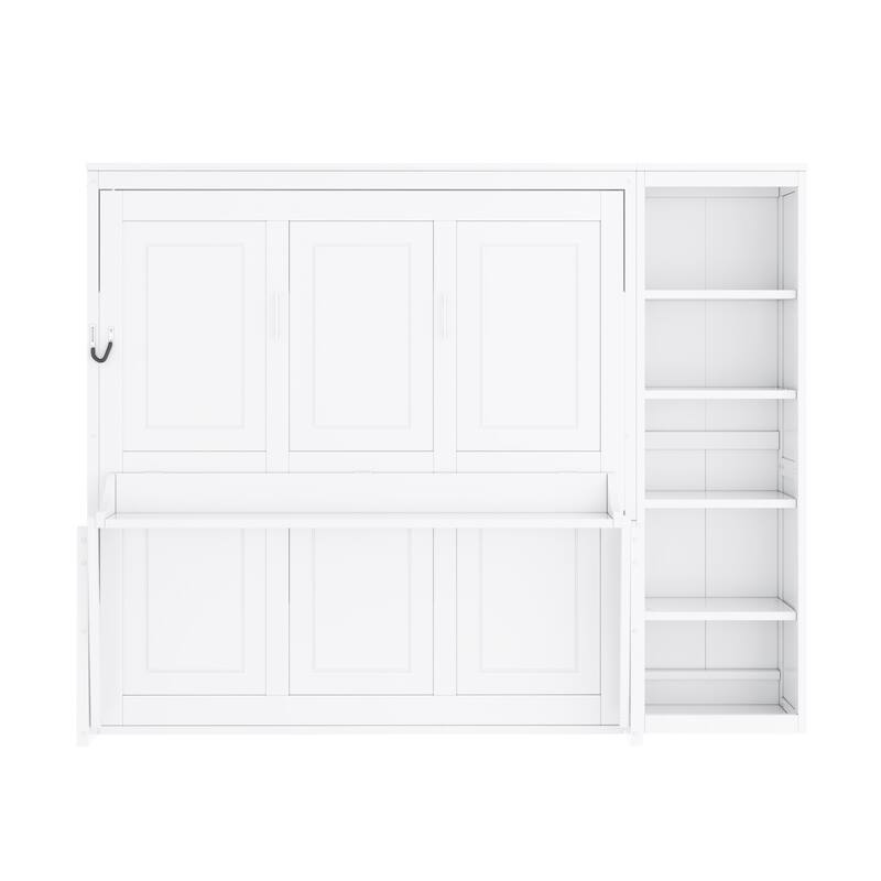 Full / Queen Murphy Bed with Desk and Bookshelves Space-Saving Design - White - Queen