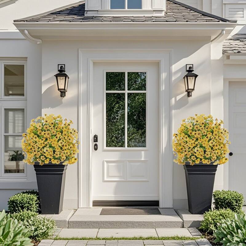 2FT Artificial Trees With Ground Spike 2 Pack, Weather-Resistant Faux Shrubs Bushes Potted Plants With Flowers Outdoor