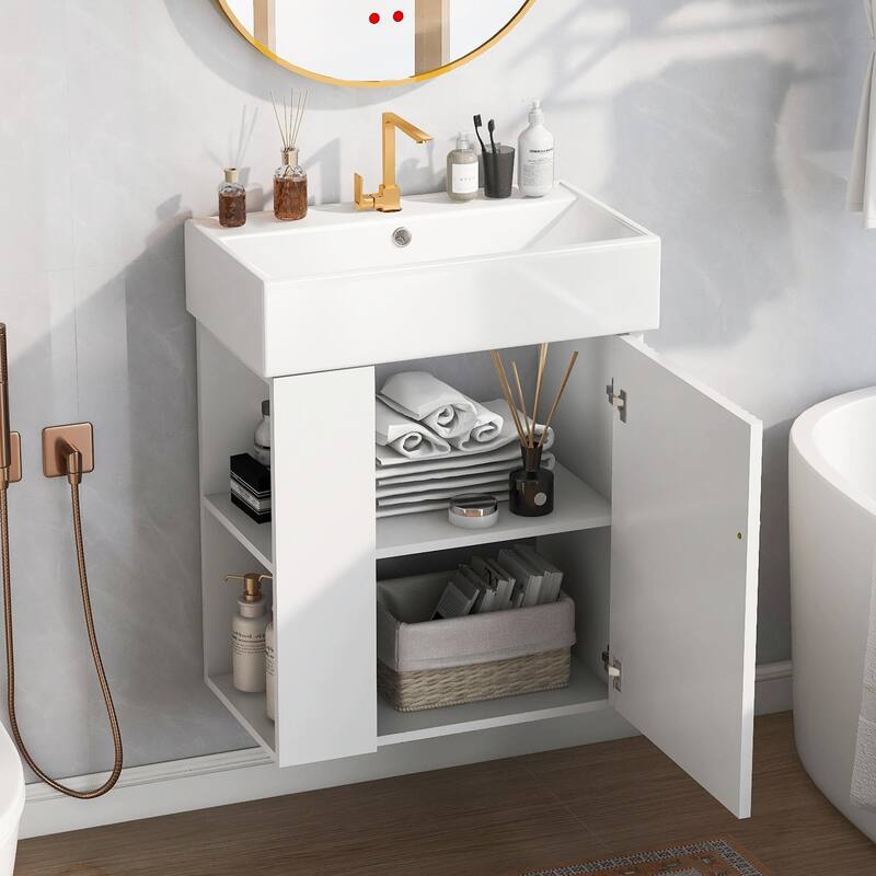 21.6-Inch Modern Floating Bathroom Vanity with Ceramic Basin