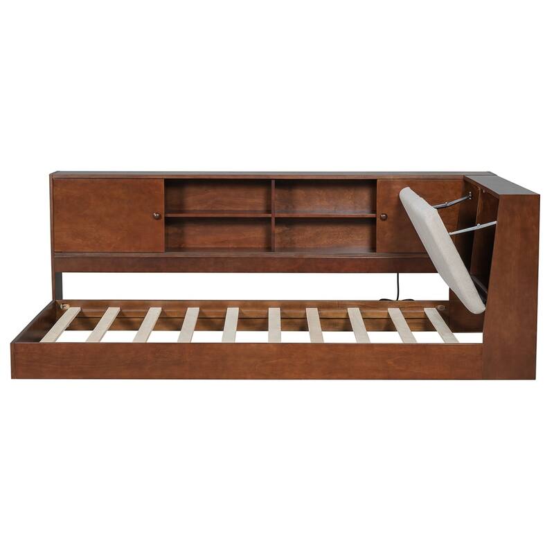 Wooden Twin Size L-shaped Daybed with Storage Bookcase