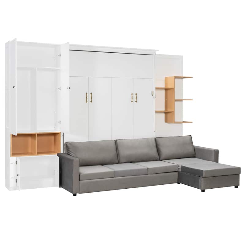 Queen Murphy Bed with Sofa and Cabinets Space Saving Sofa Wall Bed with Open Shelves and Dual Lights for Living Room Guest Room