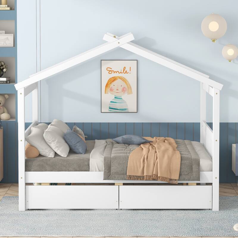 Full Size Wooden House Bed with 2 Drawers, Pinewood Frame, Kids Daybed, No Box Spring Needed