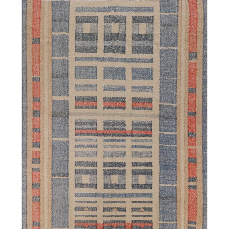Hand Woven Oriental 100% Jute Carpet Southwestern Modern Navy Blue & Blues Kilim Area Rug - 9' 4'' X 8' 7''