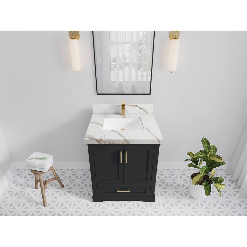 Willow Collection 30 in W x 22 in D x 36 in H Reeded Boston Single Bowl Sink Bathroom Vanity with Quartz or Marble Countertop