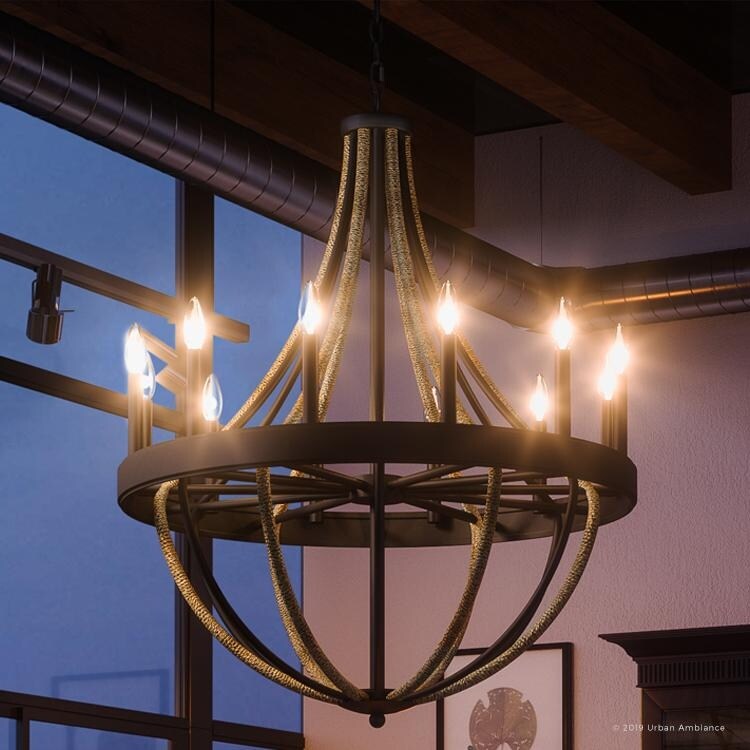 Luxury Farmhouse Chandelier, 40"H x 32"W, with Braided Rope Style, Rope and Black Silk Finish by Urban Ambiance (60 to 100 Watts - Steel - N/A - 11 - Chandeliers For Bedrooms by Overstock.com