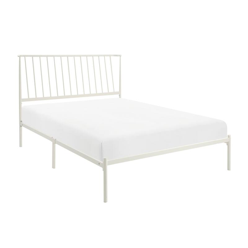 Queen Size Metal Platform Bed with Angled Headboard and Farmhouse Style - White