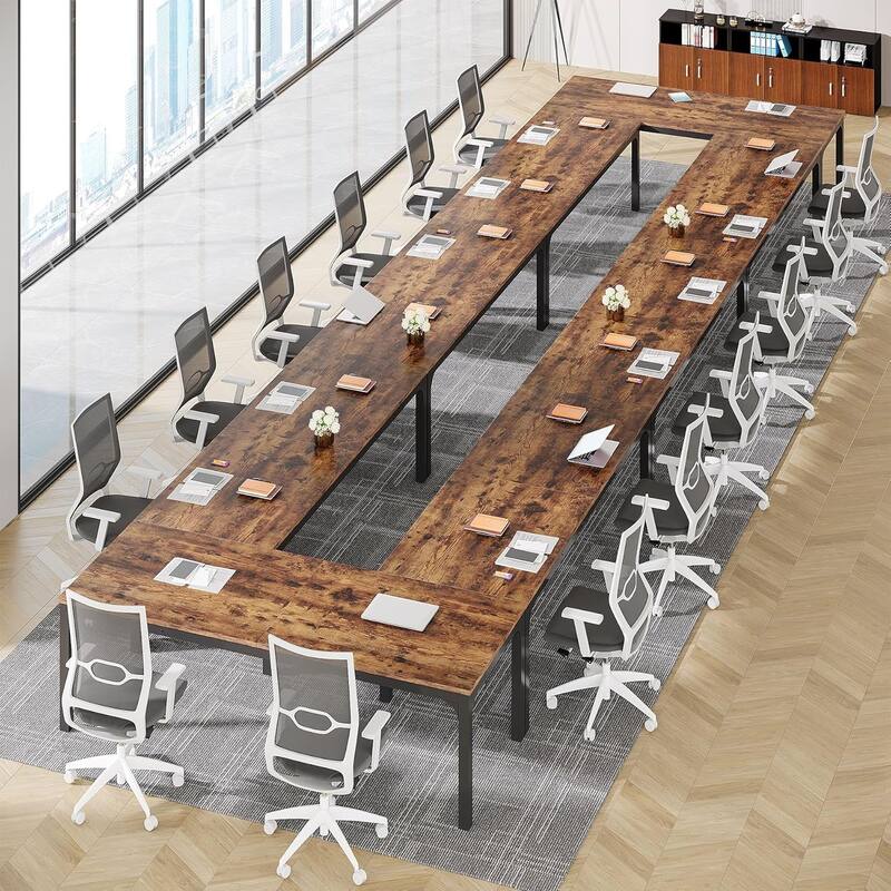 78.74-Inch Conference Table Set,13FT Conference Room Table, Large Rectangle Meeting Seminar Tables Set,Long Business Tables - BrownBlackx8