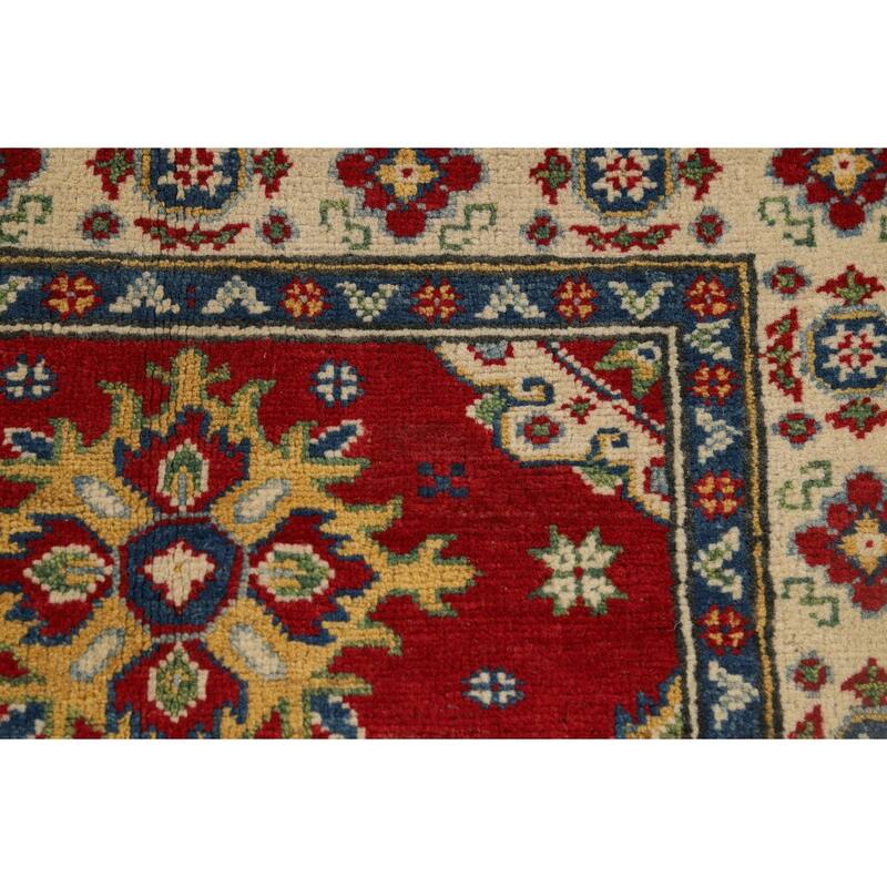 Red Geometric Kazak Foyer Rug Handmade Traditional Wool Carpet - 2'10" x 4'1"