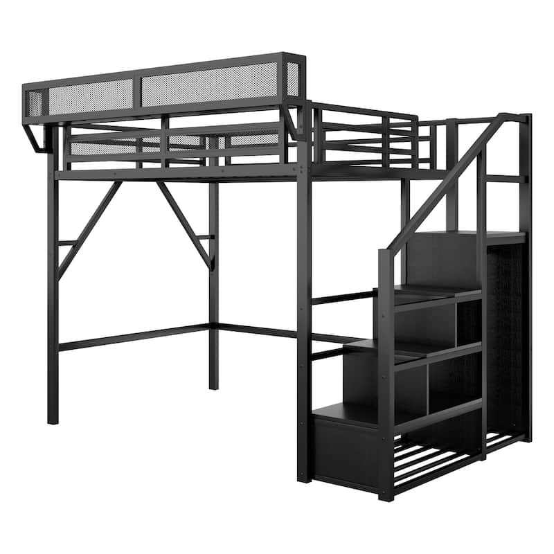 Full Size Loft Bed with Stairs, Metal Full Loft Bed with Storage Shelves, High Loft Bed with Wardrobe for Kids Teens