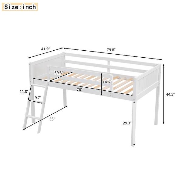 dimension image slide 2 of 4, Twin Size Wood Loft Bed with Flexible Ladder Placement, Guardrails, and Slide - Gray, Space-Saving Design for Play and Rest