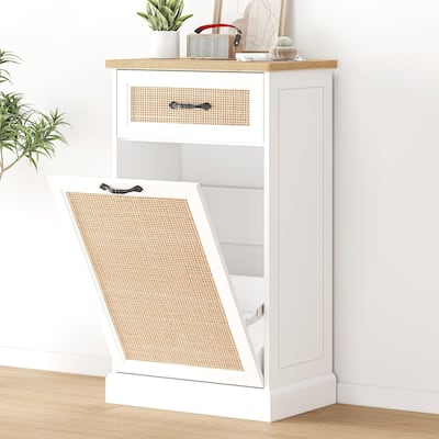 Tilt Out Trash Cabinet with Natural Rattan, Hidden Trash Can Cabinet 10 Gallon Trash Holder