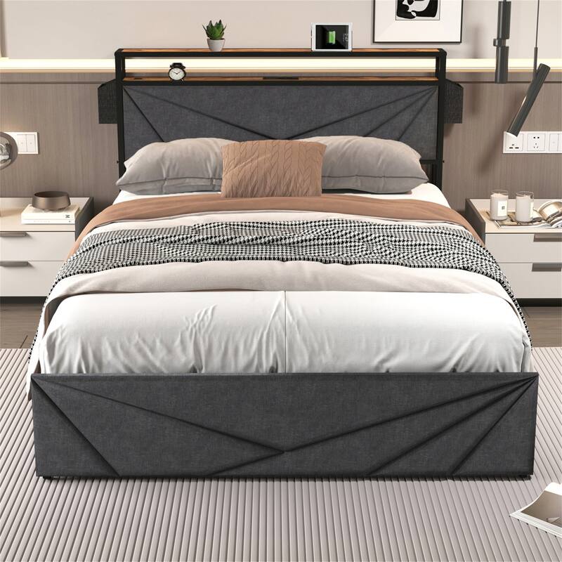 Queen/Full LED Bed Frame, Storage Headboard with Charging Station - Queen