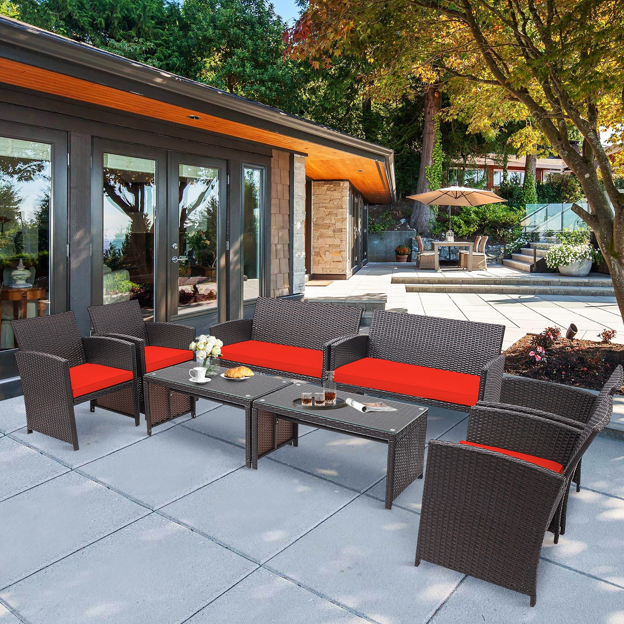 Costway 8PCS Patio Rattan Furniture Set Cushioned Chair Sofa Coffee