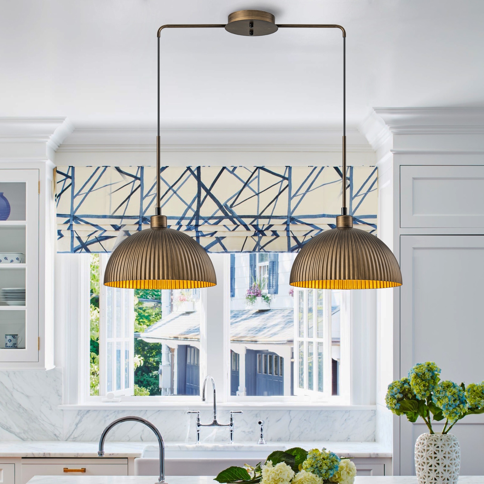 1/2-Light Antique Bronze Striped Metal Dome Pendant Light Industrial Farmhouse