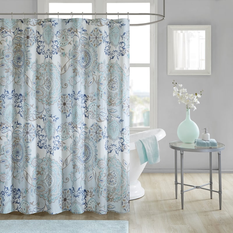 Madison Park Loleta Printed Cotton Shower Curtain - Blue