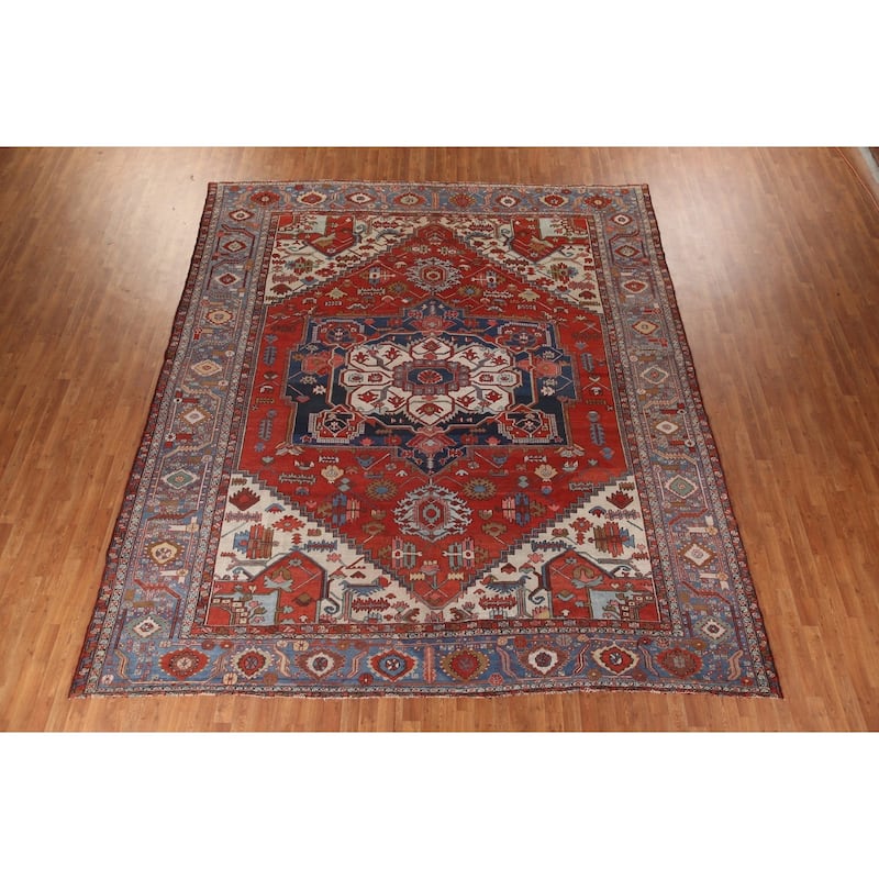 Pre-1900 Antique Heriz Serapi Persian Rug Handmade Wool Carpet - 11'0" x 12'10"