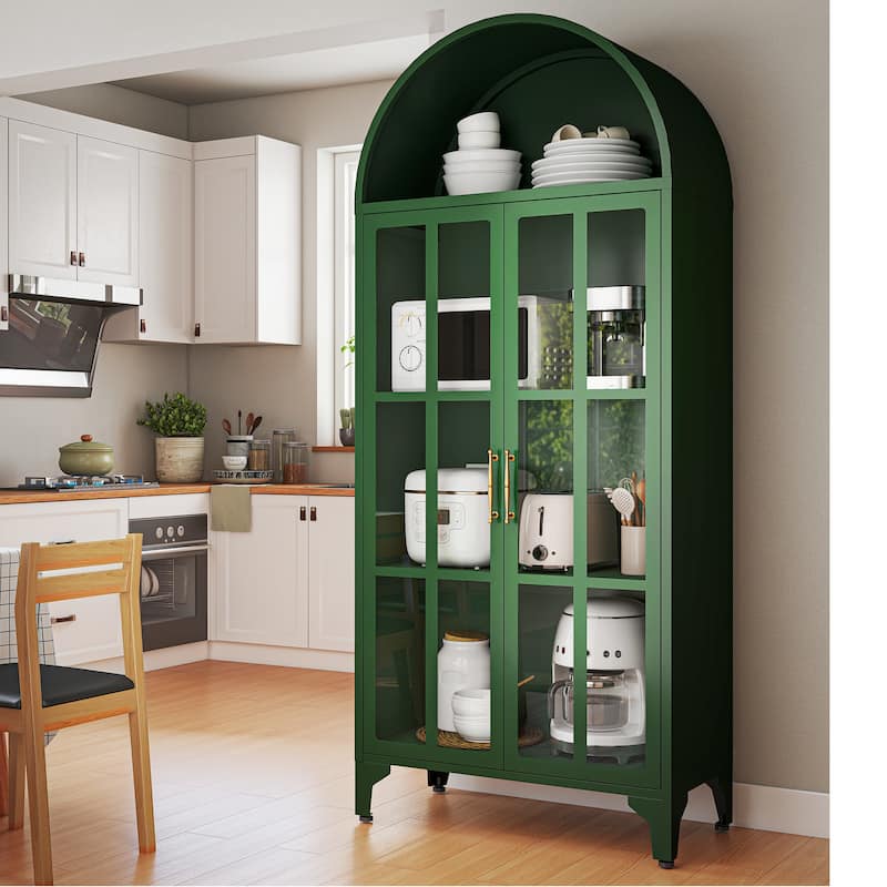 73.6-Inch Arched Metal Storage Display Cabinet with Glass Doors