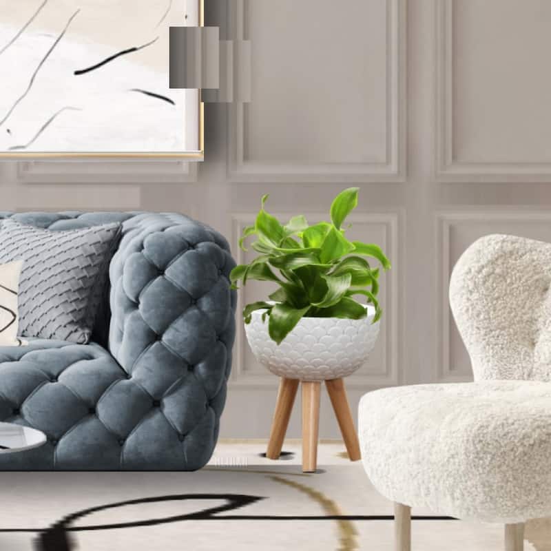 Scallop Embossed White 12.2-Inch Round MgO Planter with Brown Wood Legs - Planter + Legs: 14.17" hx 12.21" Diameter