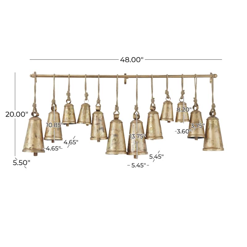 Bronze Metal Tibetan Inspired Indoor Outdoor Decorative Cow Bells with 12 Bells on Jute Hanging Rope and Metal Rod