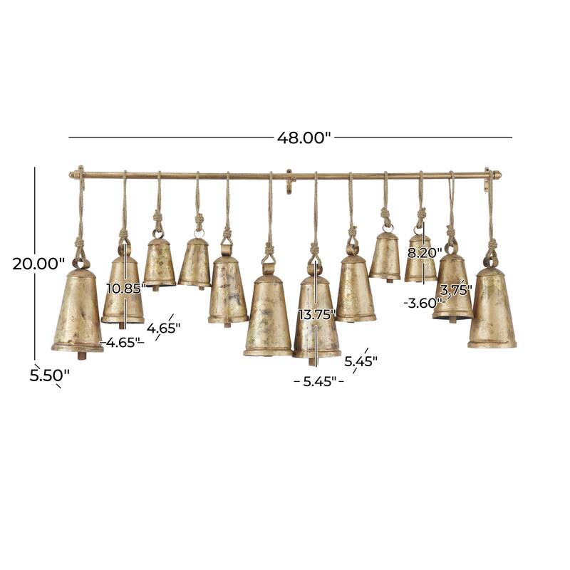 Metal Tibetan Inspired Decorative Cow Bells with 12 Bells on Jute Hanging Rope and Metal Rod - Bronze - Roche River Decor