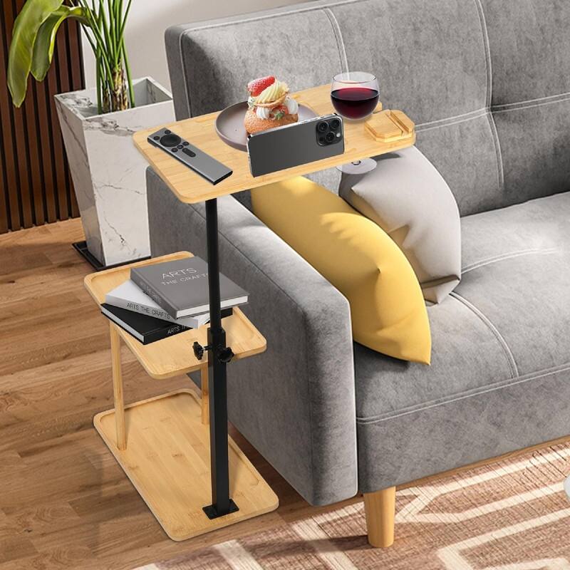 3 Layer C-Shaped End Table for Couch Arm - 35.5"L x 15.7"W x 76.5"H - Bamboo and Black