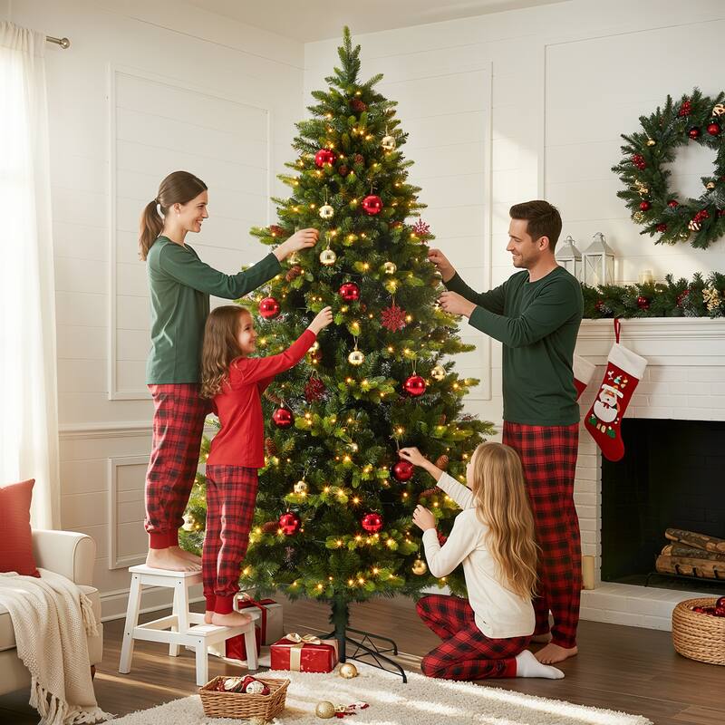 EROMMY 7.5ft Pre-lit Christmas Tree with 500 Lights, Snow Flocked Artificial Tree with Cones and Ornaments