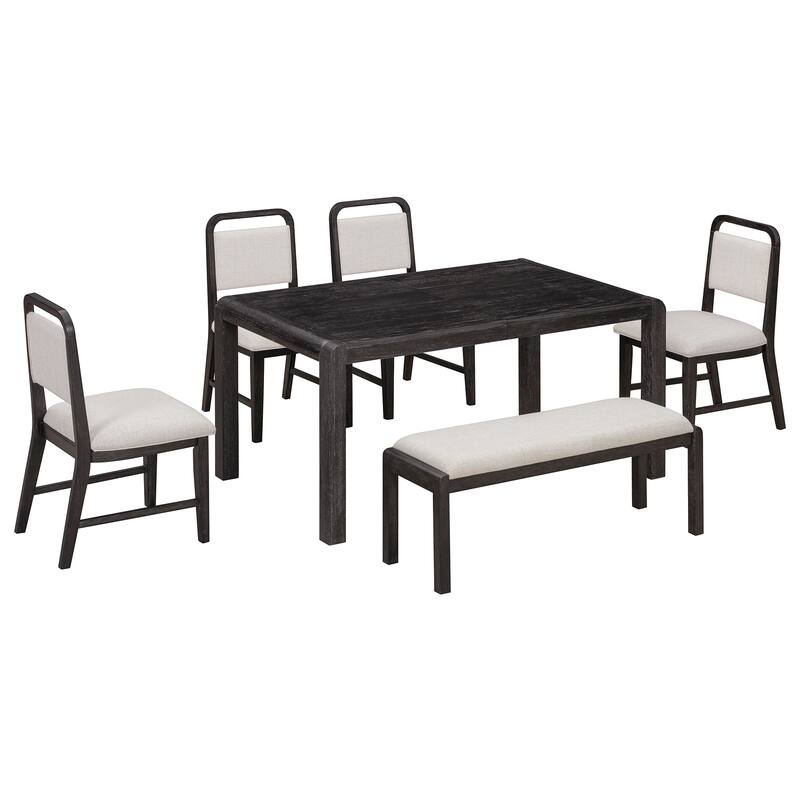 Roomfitters Extendable Dining Table Set for 4-6, Farmhouse Table with Upholstered Chairs & Bench, Rustic Curved Design