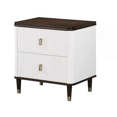 Aren 27 Inch Nightstand, 2 Drawers, USB Charger, Solid Wood, White, Brown